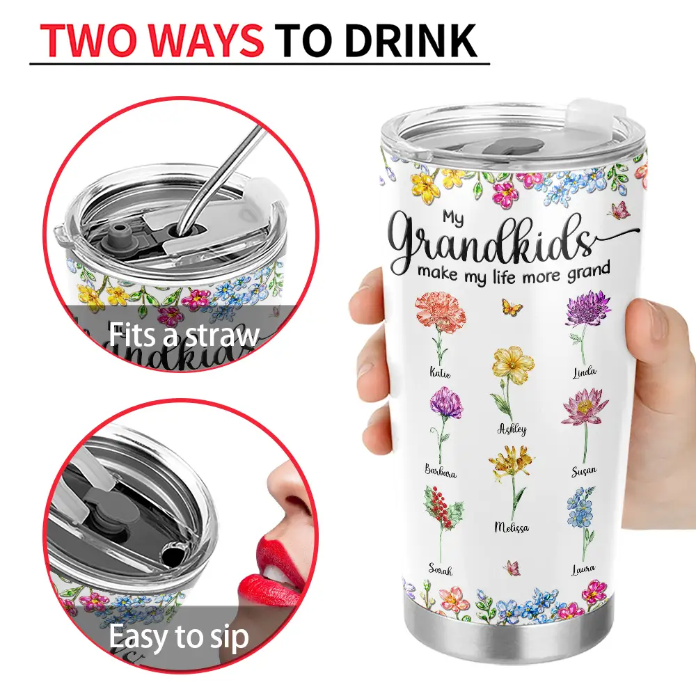 Crystal Effect Birth Flower Grandkids Make Life More Grand - Personalized Tumbler - Image 4