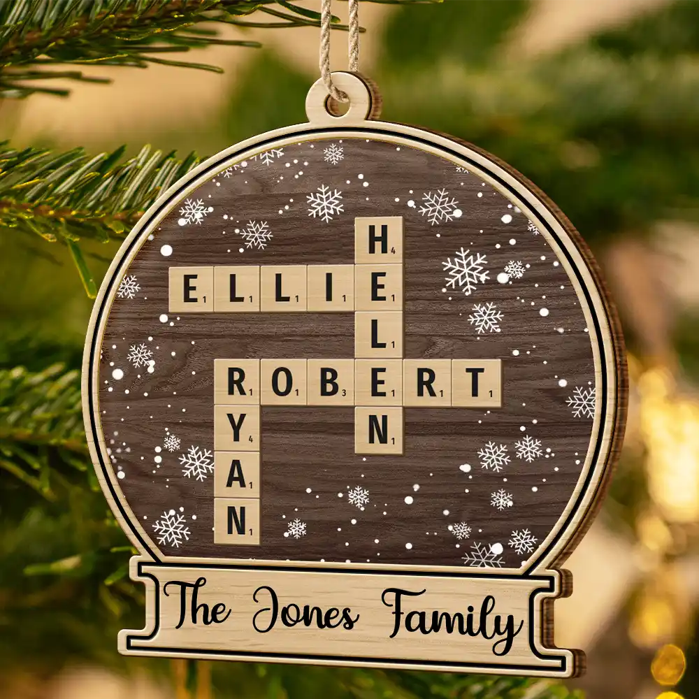Custom Family Name Snow Globe Crossword Scrabble - Personalized Custom Shaped Wooden Ornament - Image 4