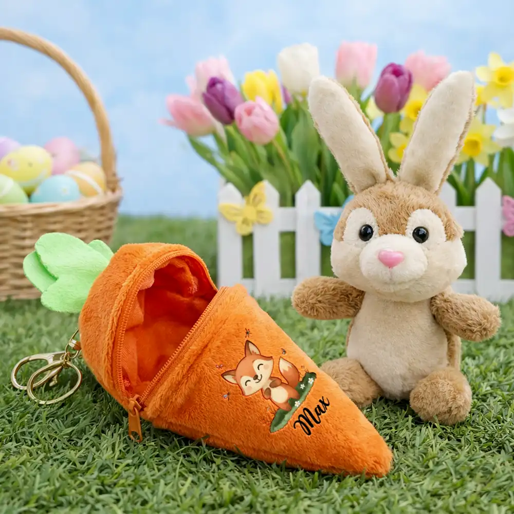 Custom Favorite Animal And Name - Personalized Plush Reversible Carrot Bunny Keychain - Image 2