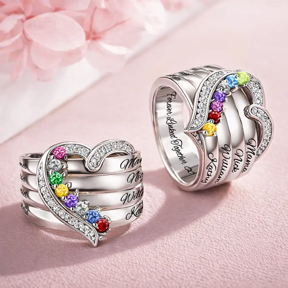 Custom Gemstones Love You Always Mom And Daughters - Personalized Birthstone Heart Ring - Image 3