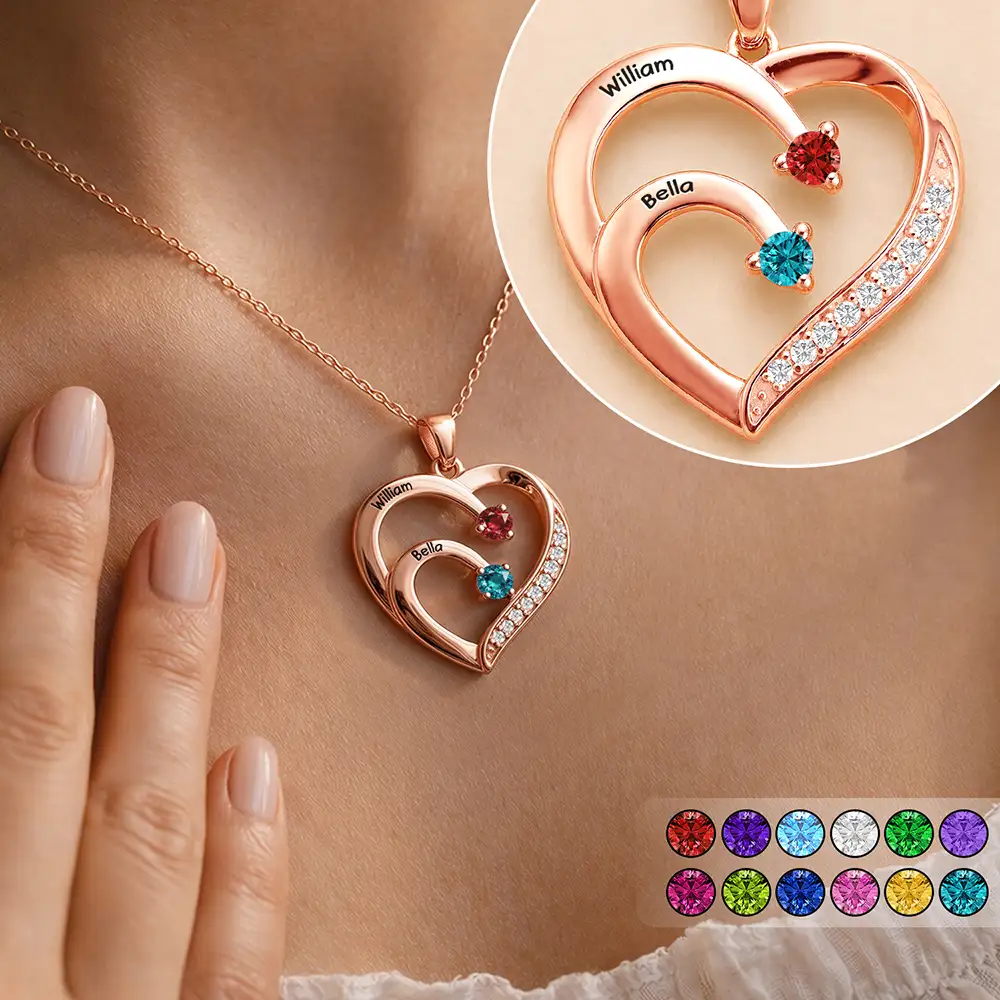 Custom Name And Gemstones Jewelry For Grandma Mom - Personalized Birthstone Heart Necklace