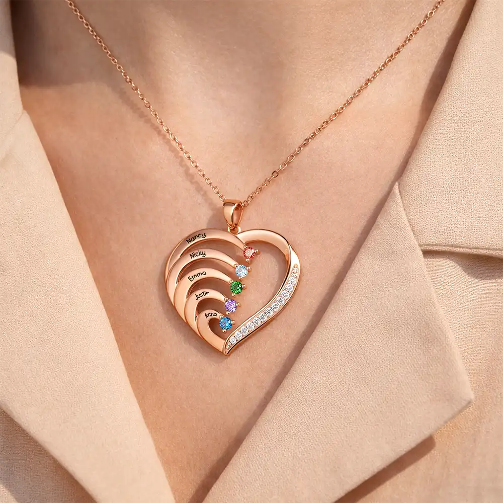 Custom Name And Gemstones Jewelry For Grandma Mom - Personalized Birthstone Heart Necklace - Image 3