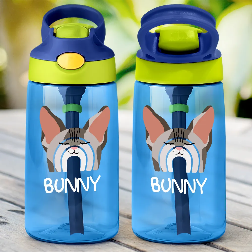 Custom Name Boho Rainbow Style Cat Face - Personalized Kids Water Bottle With Straw