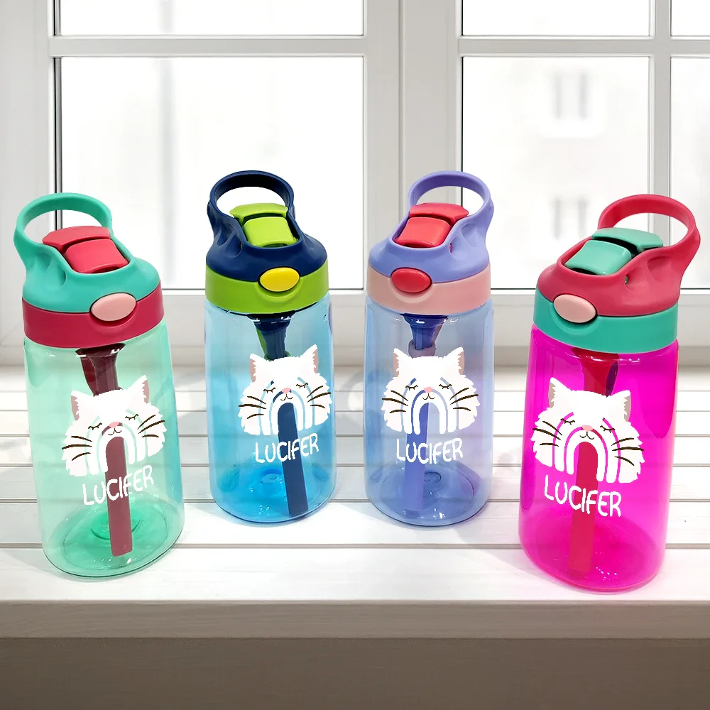 Custom Name Boho Rainbow Style Cat Face - Personalized Kids Water Bottle With Straw - Image 2