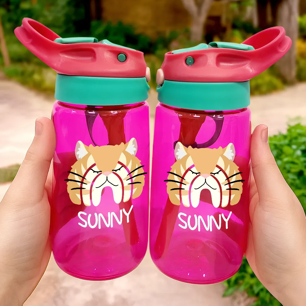 Custom Name Boho Rainbow Style Cat Face - Personalized Kids Water Bottle With Straw - Image 3
