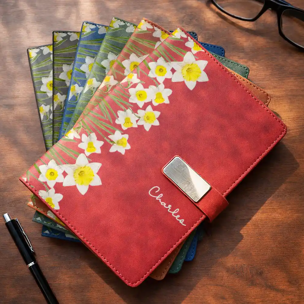 Custom Name Faux Pressed Birth Flower - Personalized Leather Notebook Set - Image 3