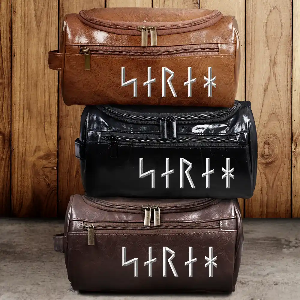 Custom Name In Viking Runes Warrior Camping Hiking - Personalized Leather Toiletry Bag - Image 2