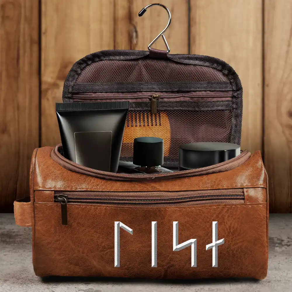 Custom Name In Viking Runes Warrior Camping Hiking - Personalized Leather Toiletry Bag - Image 4