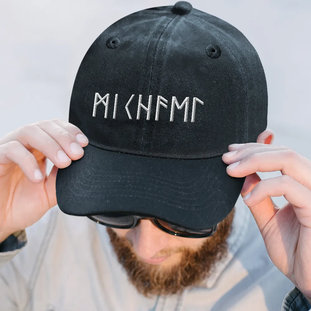 Custom Name In Viking Runes Warrior Camping Hiking - Personalized Vintage Washed Denim Cap - Image 2