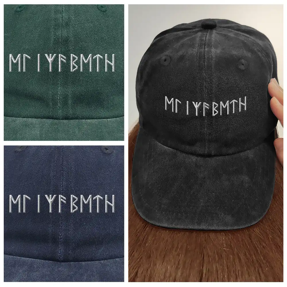 Custom Name In Viking Runes Warrior Camping Hiking - Personalized Vintage Washed Denim Cap - Image 4
