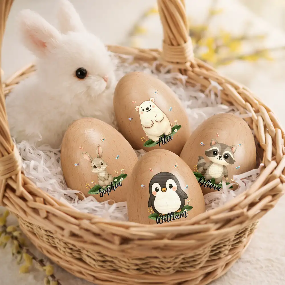 Custom Name With Adorable Animal - Personalized Musical Wooden Easter Egg Shaker - Image 2
