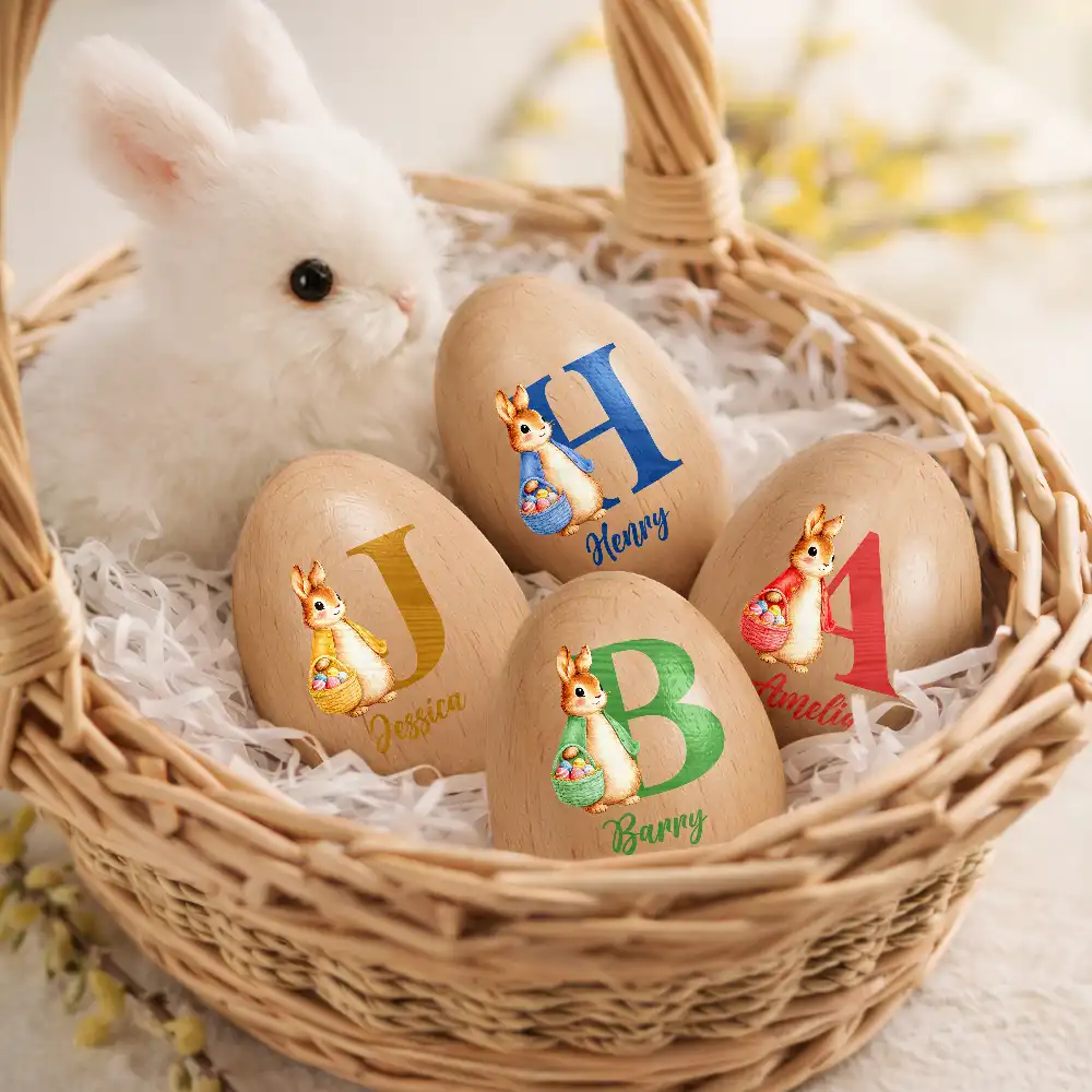 Custom Name With Bunny Holding An Egg Basket - Personalized Musical Wooden Easter Egg Shaker - Image 2