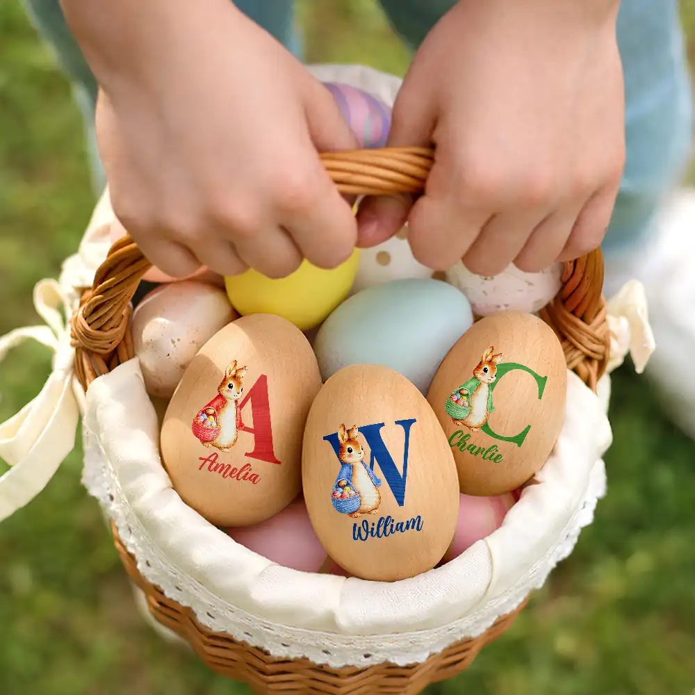 Custom Name With Bunny Holding An Egg Basket - Personalized Musical Wooden Easter Egg Shaker - Image 6