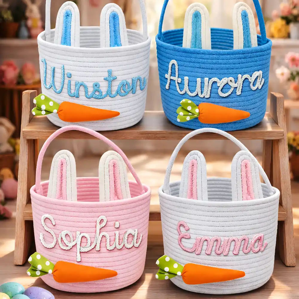 Custom Name With Carrot Bunny Ears - Personalized Easter Basket - Image 3