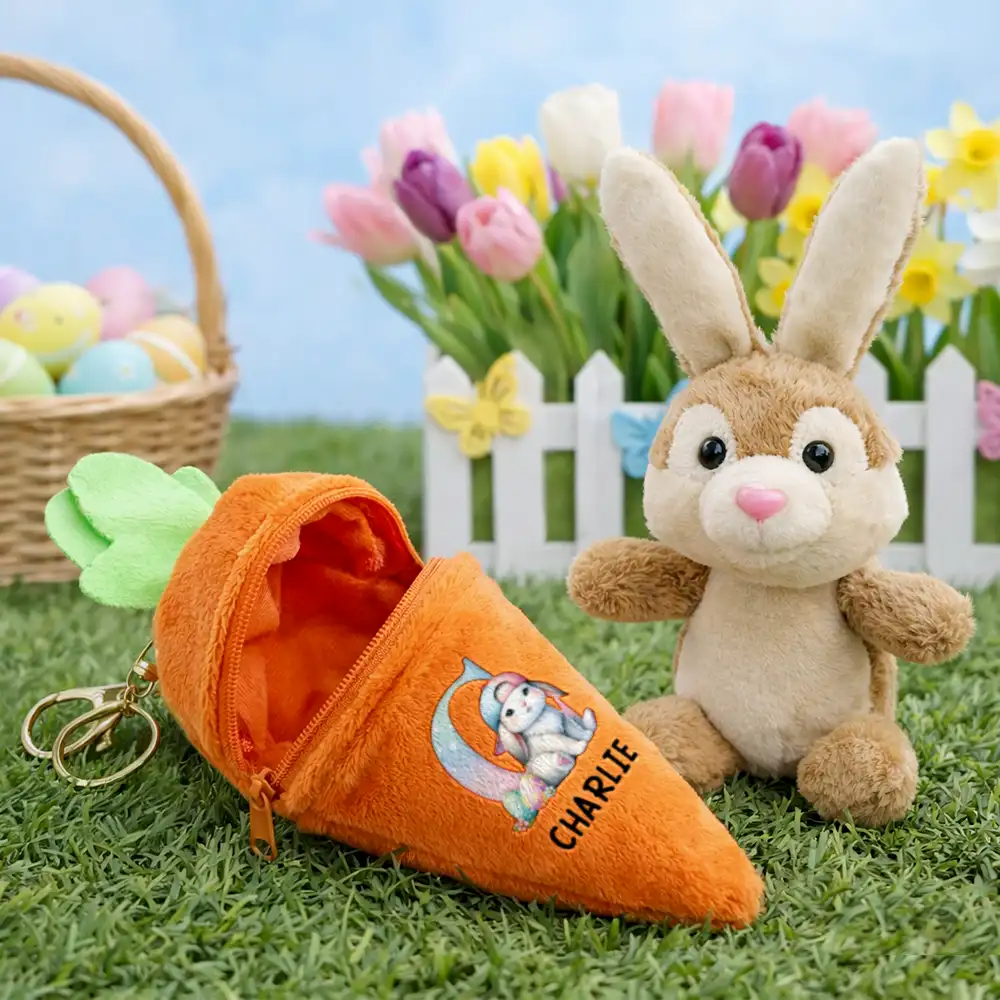 Custom Name With Easter Bunny Alphabet Letters - Personalized Plush Reversible Carrot Bunny Keychain - Image 2