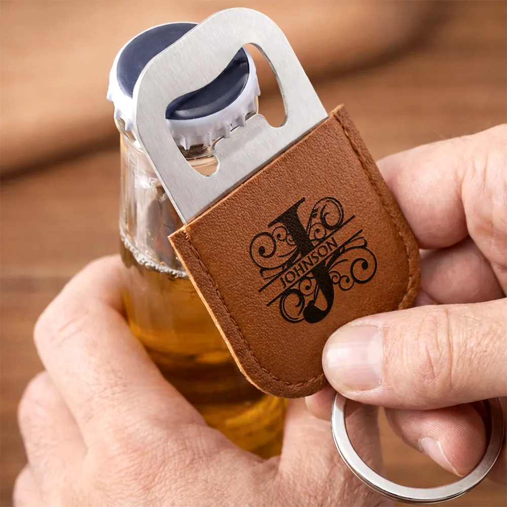 Custom Name With Monogram Letter - Personalized Leather Bottle Opener Keychain - Image 3