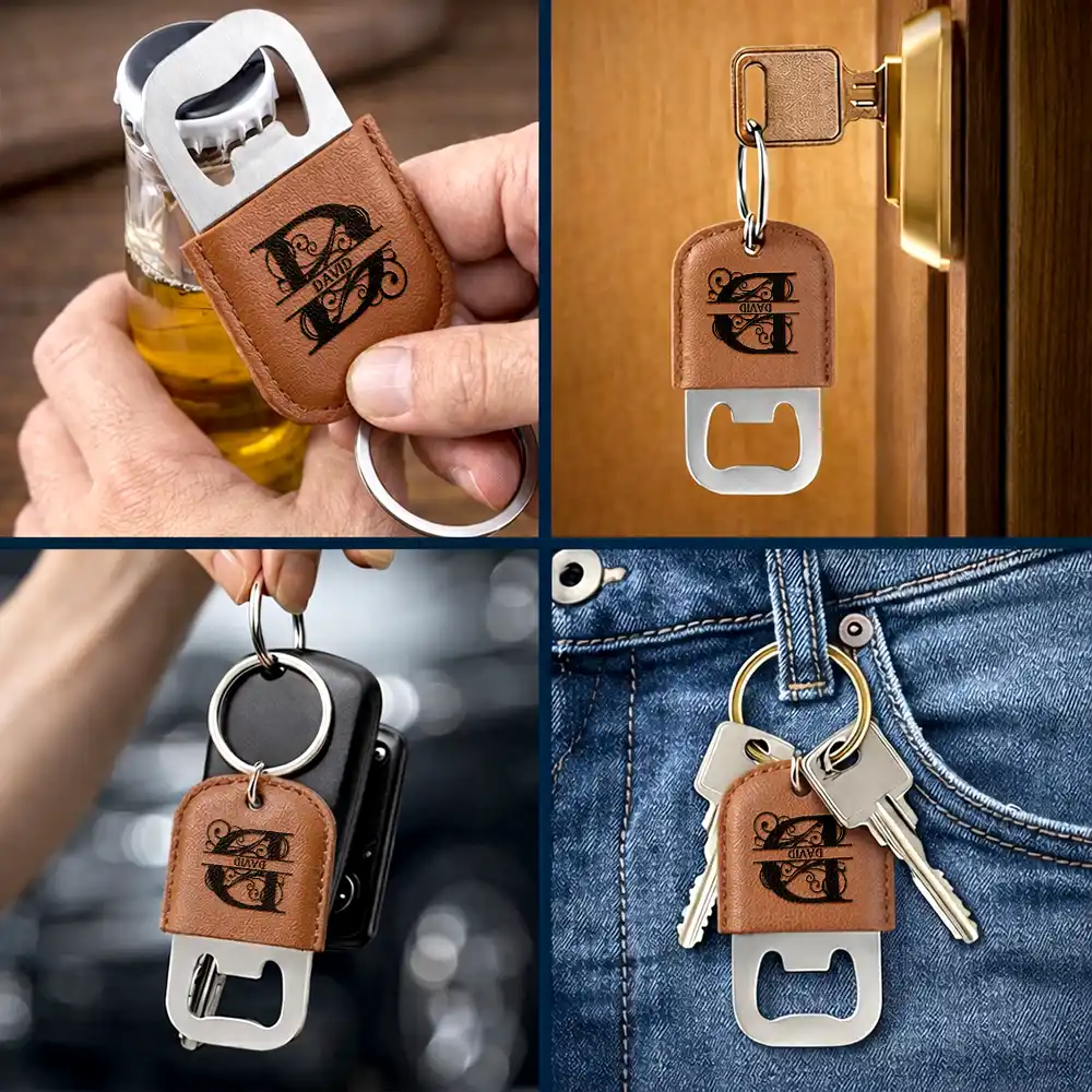 Custom Name With Monogram Letter - Personalized Leather Bottle Opener Keychain - Image 5