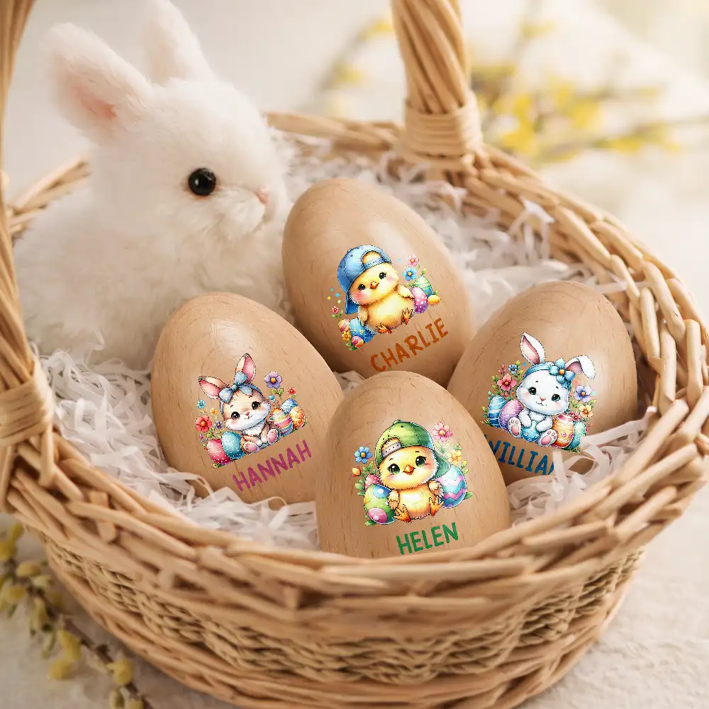 Custom Name With Watercolor Bunny Chicken - Personalized Musical Wooden Easter Egg Shaker - Image 2
