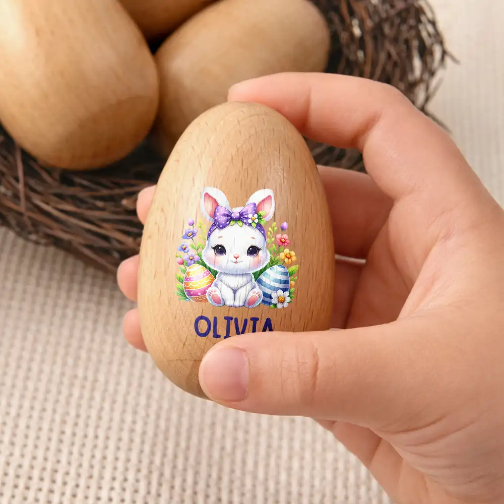 Custom Name With Watercolor Bunny Chicken - Personalized Musical Wooden Easter Egg Shaker - Image 3
