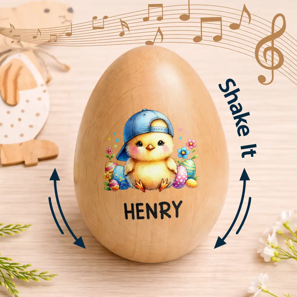 Custom Name With Watercolor Bunny Chicken - Personalized Musical Wooden Easter Egg Shaker - Image 4