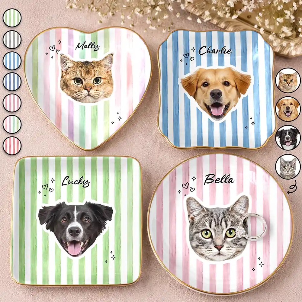 Custom Outline Photo Pet Portrait Stripe Style - Personalized Ring Dish