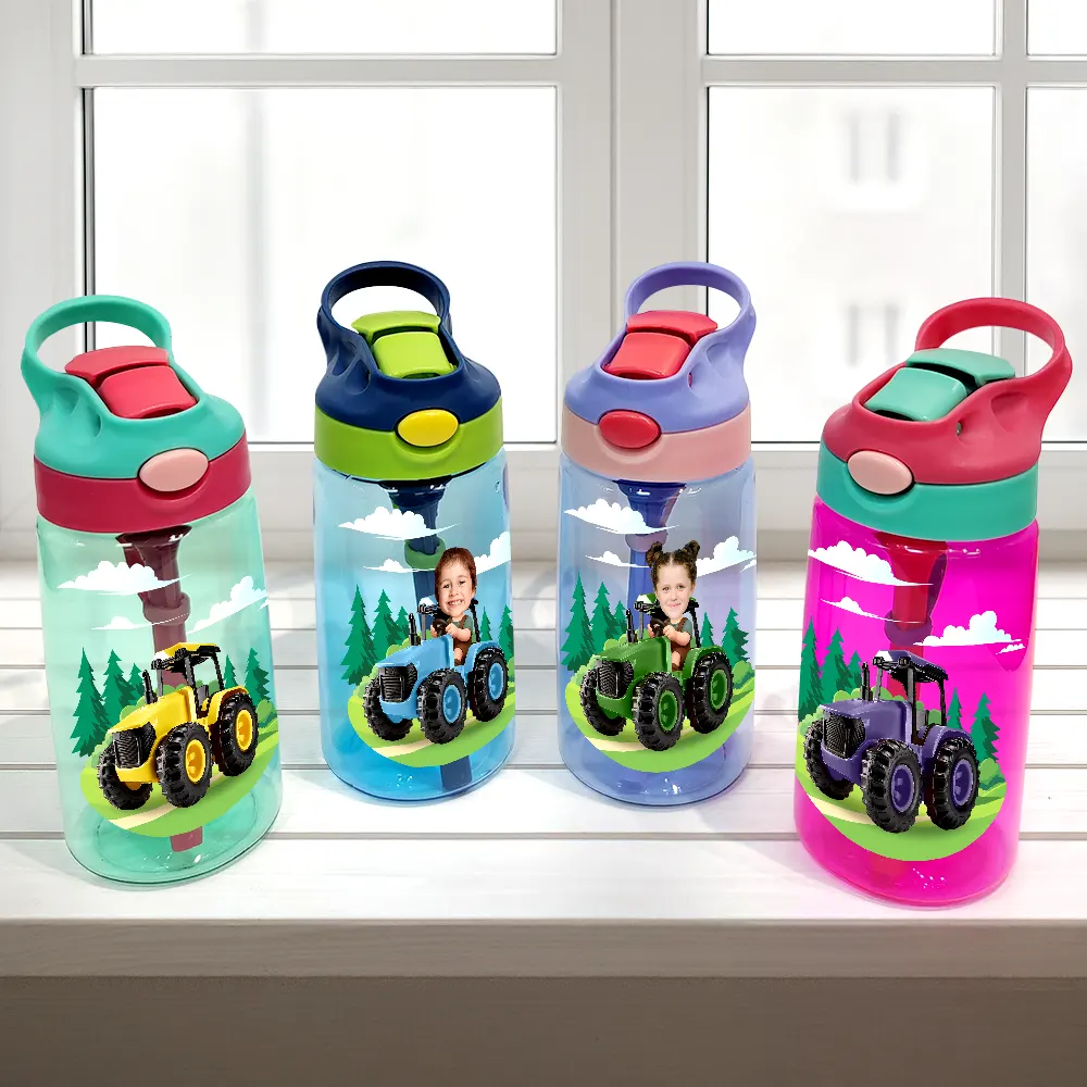 Custom Photo 3D Effect Tractor Farmer - Personalized Kids Water Bottle With Straw - Image 3