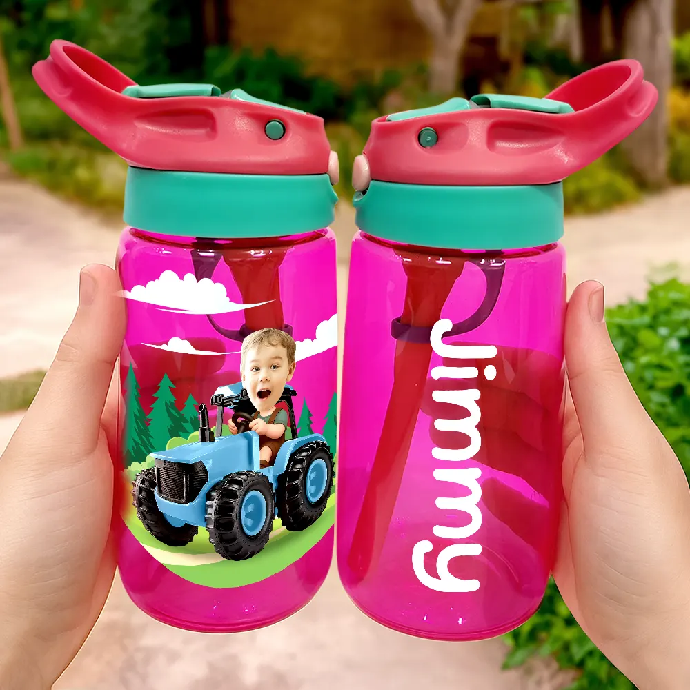 Custom Photo 3D Effect Tractor Farmer - Personalized Kids Water Bottle With Straw - Image 4