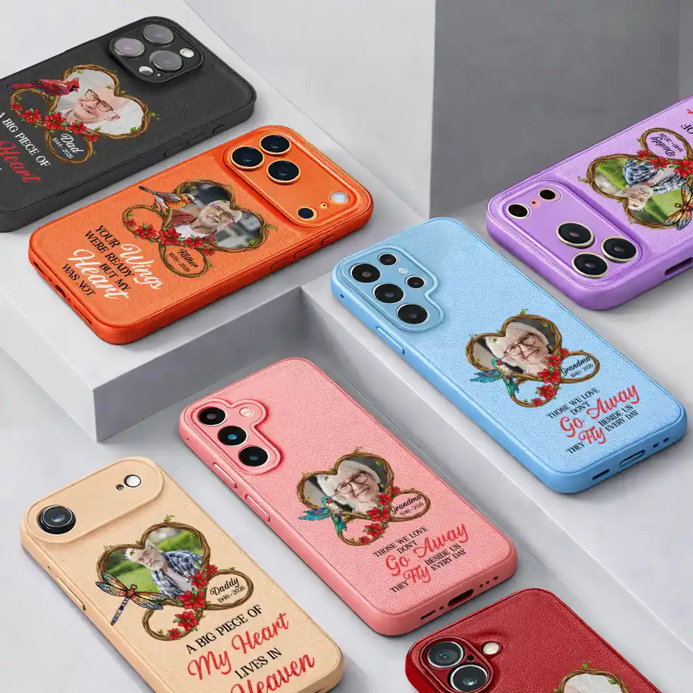 Custom Photo A Big Piece Of My Heart Lives In Heaven - Personalized Leather Phone Case - Image 3