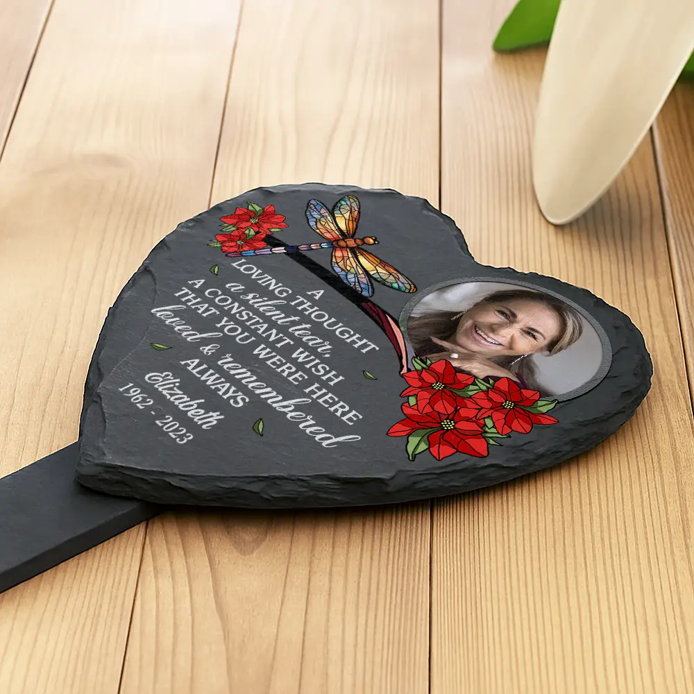 Custom Photo A Loving Thought A Silent Tear Memorial - Personalized Heart Slate Garden Stake - Image 3