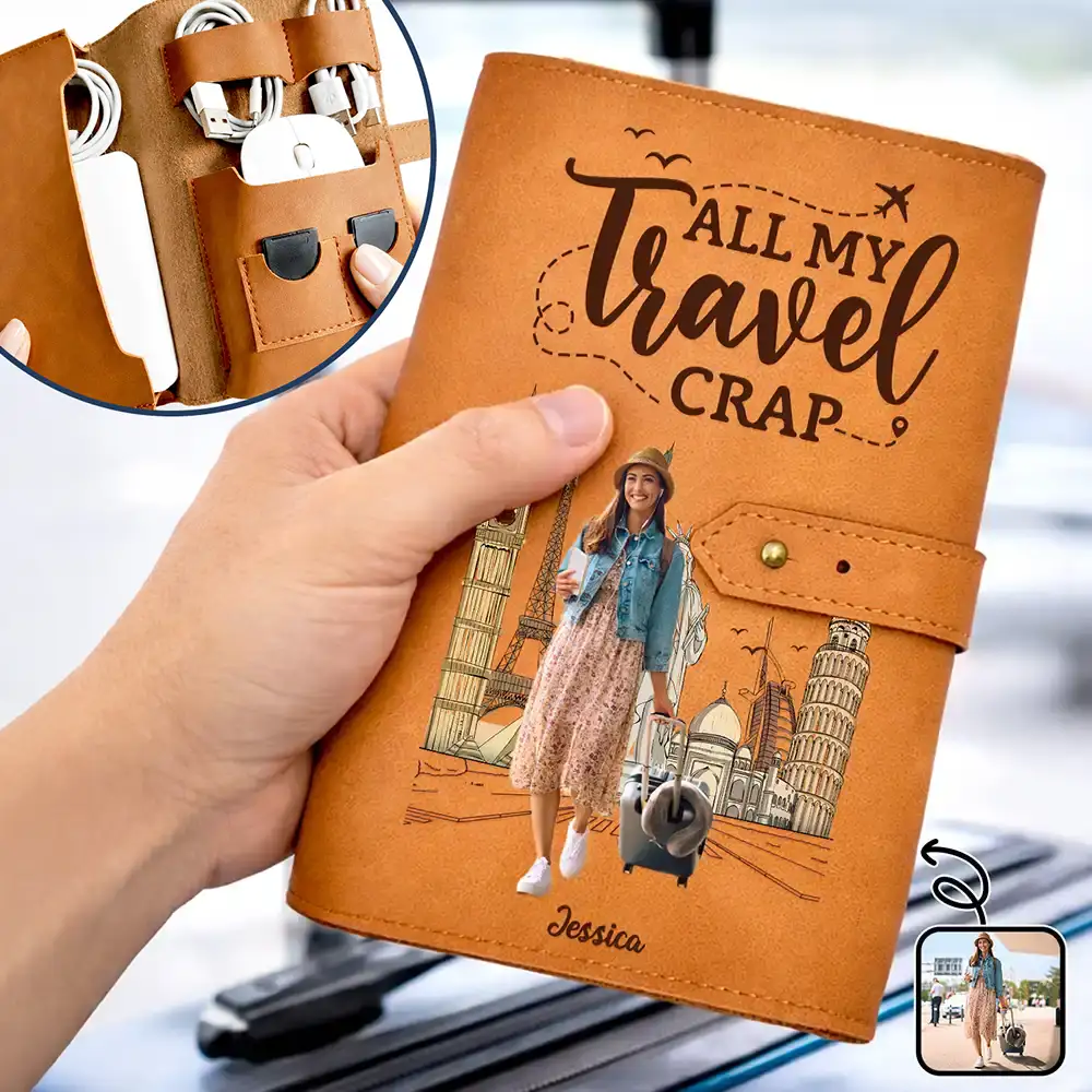 Custom Photo All My Travel Crap - Personalized Leather Cable Bag