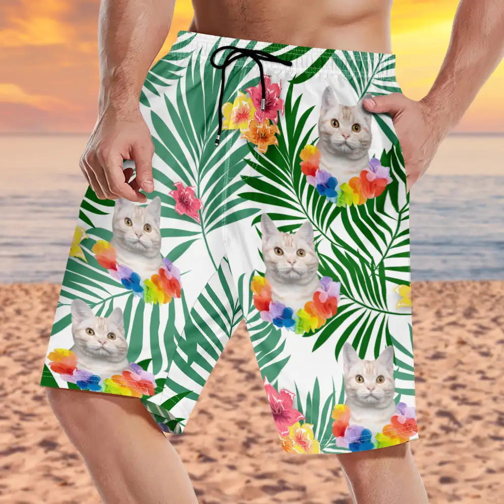 Custom Photo Aloha Dog Cat - Personalized Unisex Beach Shorts - Image 4