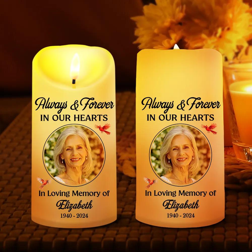 Custom Photo Always And Forever In Our Heart Memorial - Personalized Flameless LED Candle - Image 2
