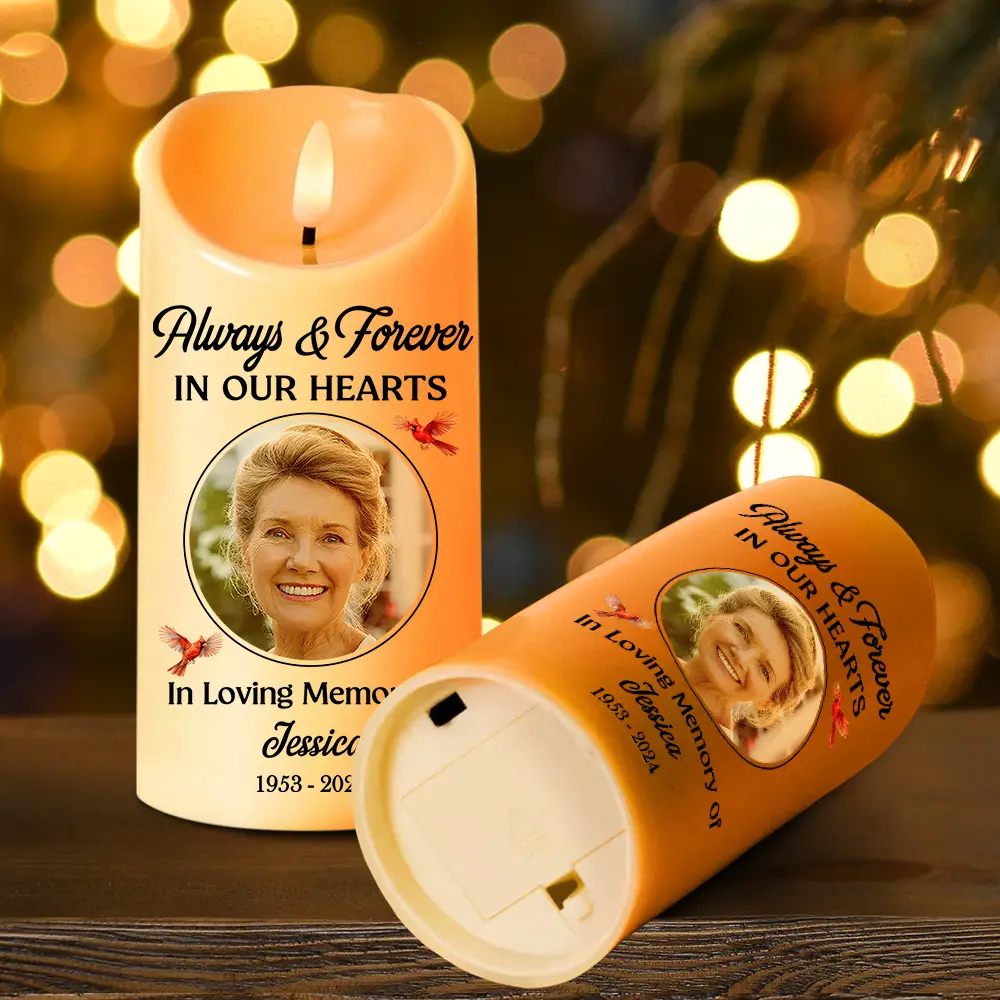 Custom Photo Always And Forever In Our Heart Memorial - Personalized Flameless LED Candle - Image 4