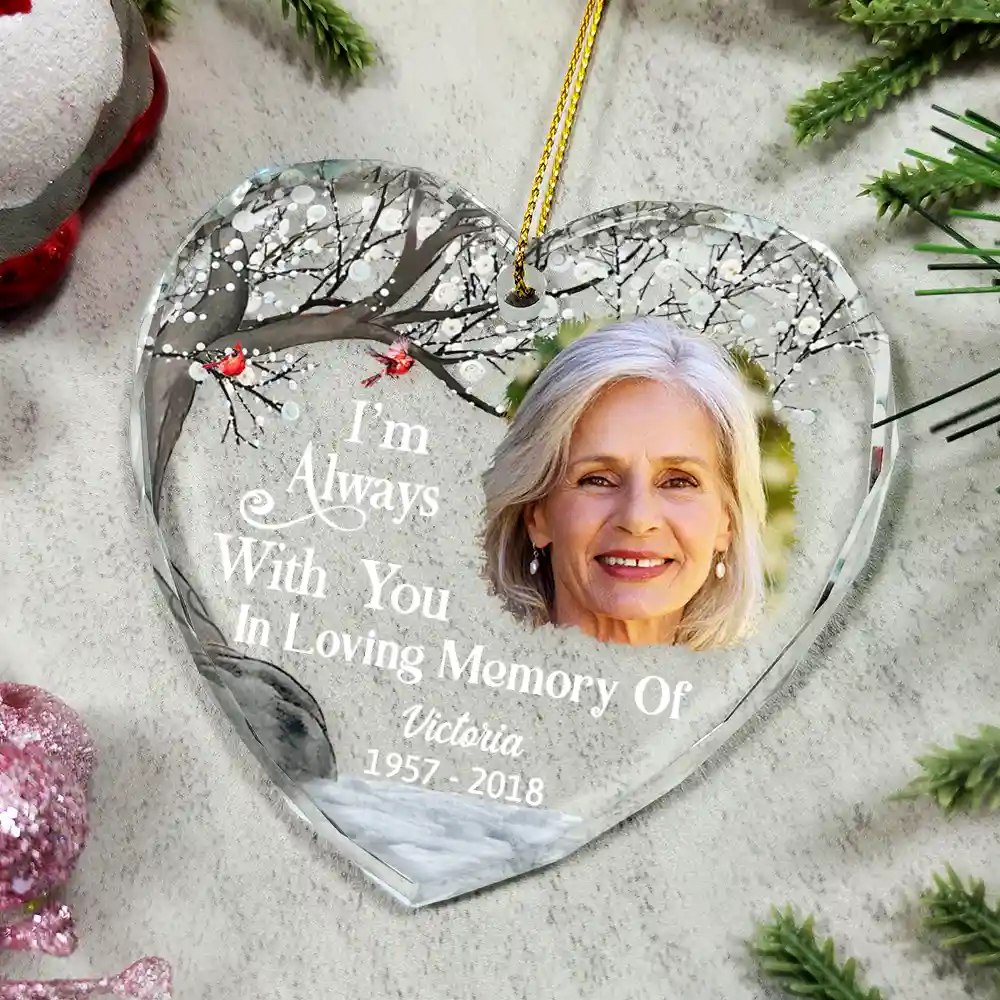 Custom Photo Always And Forever In Our Hearts Memorial - Personalized Heart Shaped Glass Ornament - Image 4