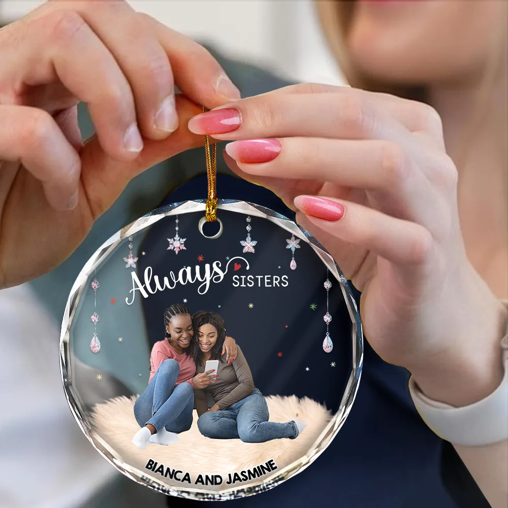 Custom Photo Always Besties - Personalized Circle Glass Ornament - Image 5