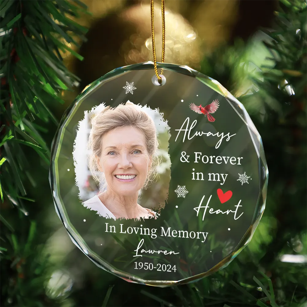 Custom Photo Always & Forever In Our Hearts - Personalized Circle Glass Ornament - Image 3