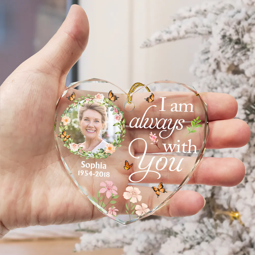 Custom Photo Always In Our Thoughts Forever In Our Hearts - Personalized Heart Shaped Glass Ornament - Image 3