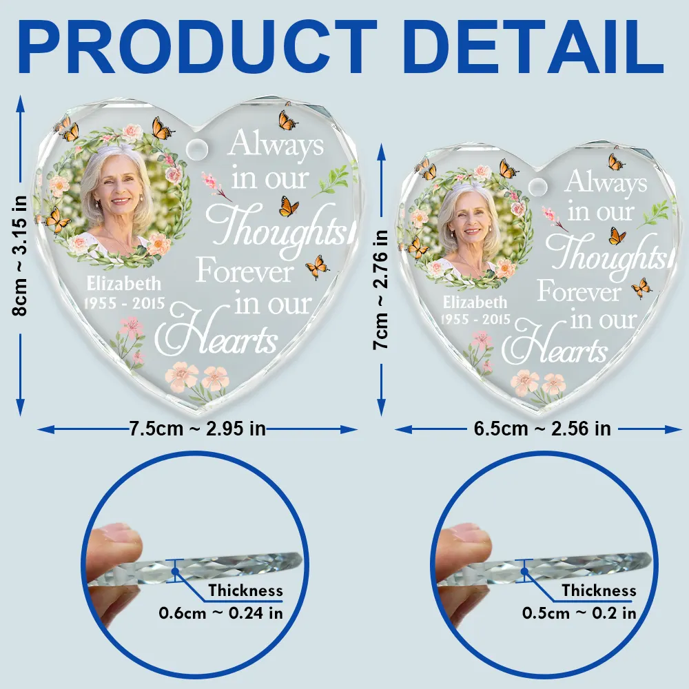 Custom Photo Always In Our Thoughts Forever In Our Hearts - Personalized Heart Shaped Glass Ornament - Image 5