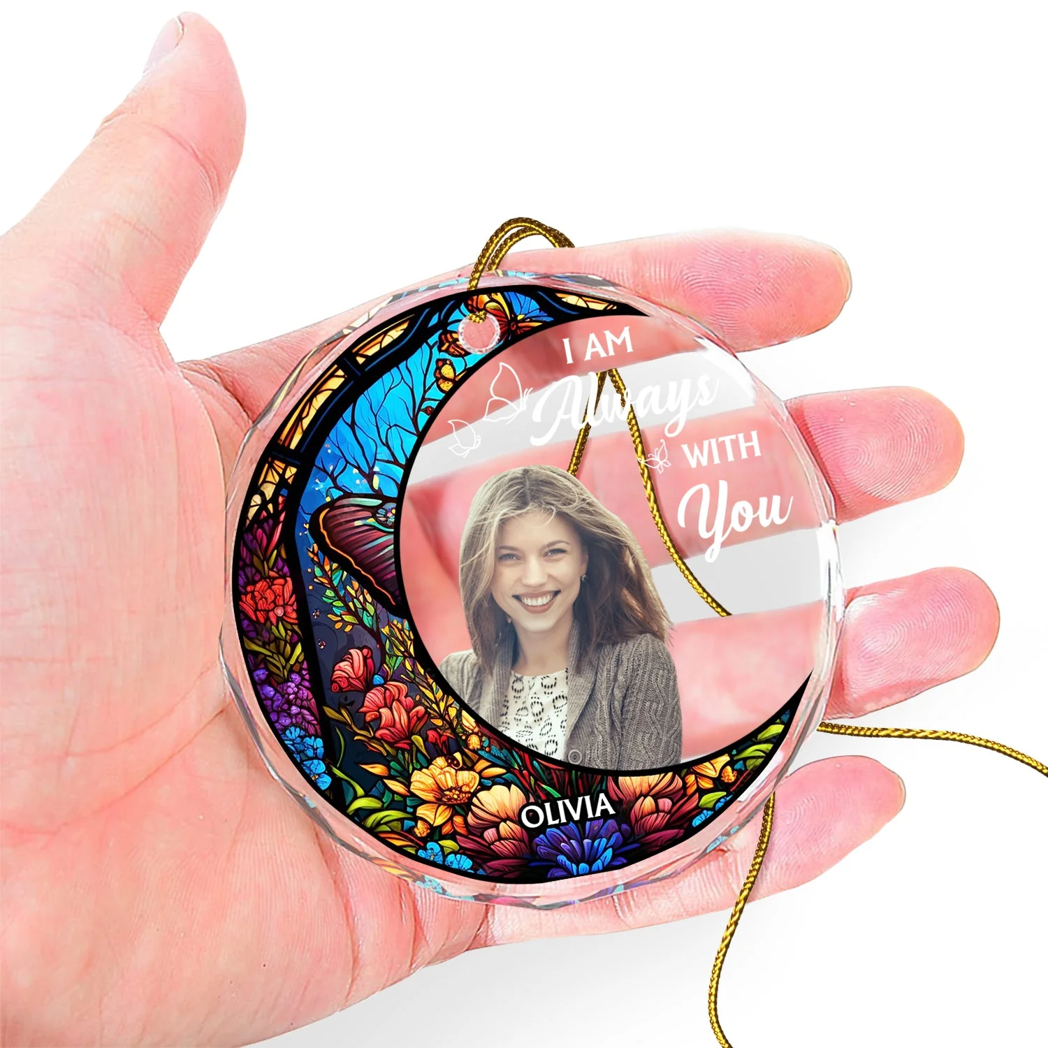 Custom Photo Always With You - Christmas Memorial Gift - Personalized Circle Glass Ornament - Image 5