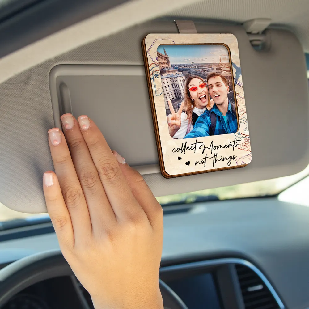Custom Photo And So The Adventure Begins Traveling Couple - Personalized Custom Shaped Car Visor Clip - Image 4