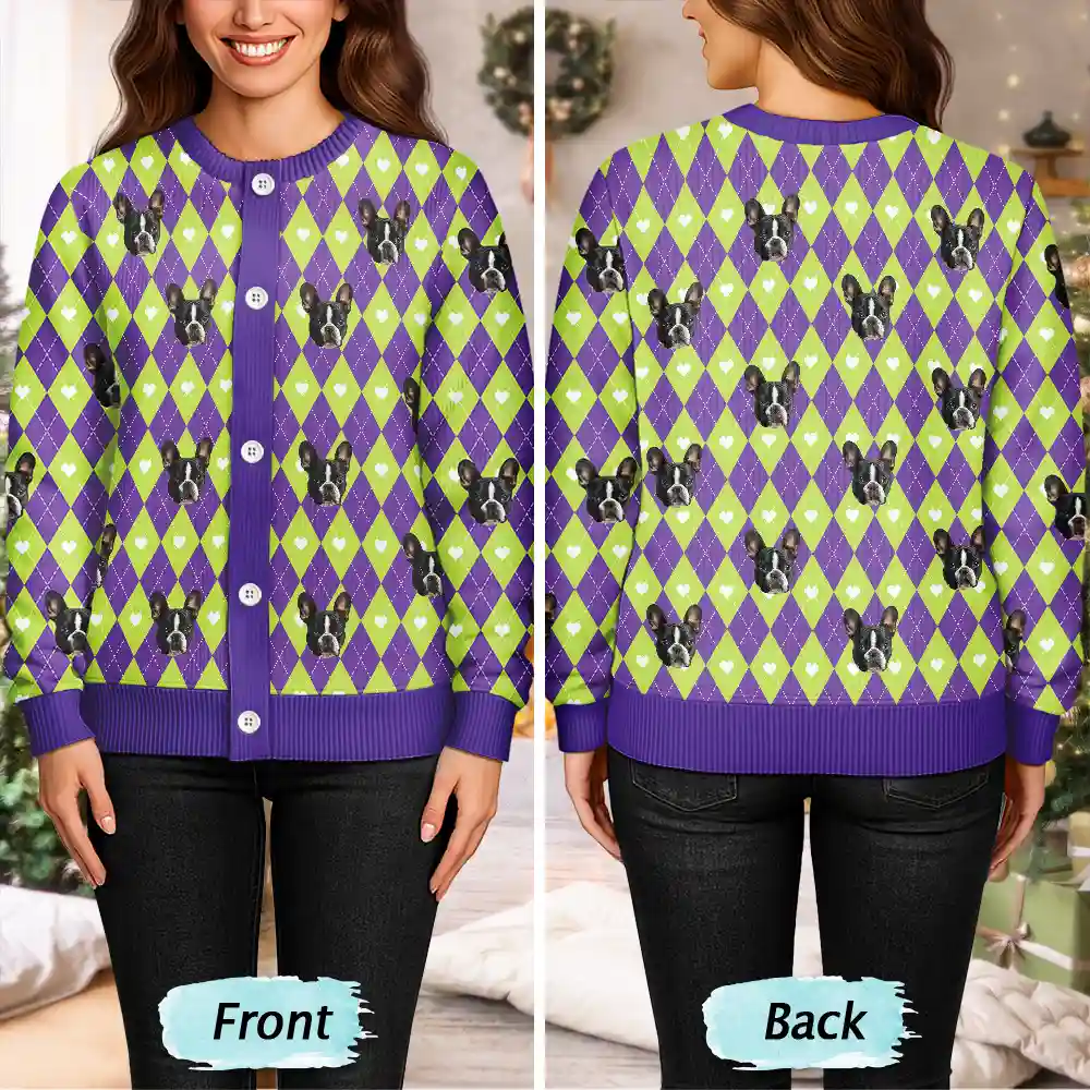 Custom Photo Argyle Plaid Pet Face - Personalized Cardigan - Image 5