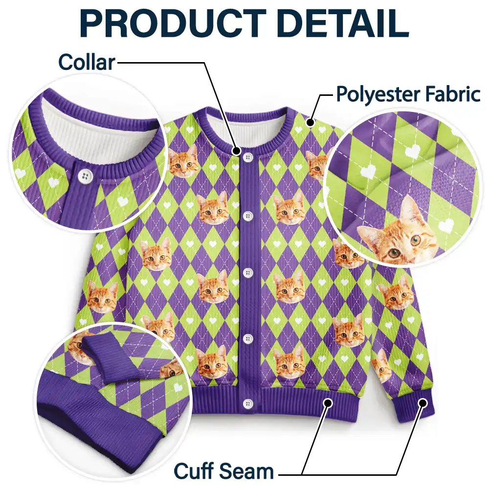 Custom Photo Argyle Plaid Pet Face - Personalized Cardigan - Image 6