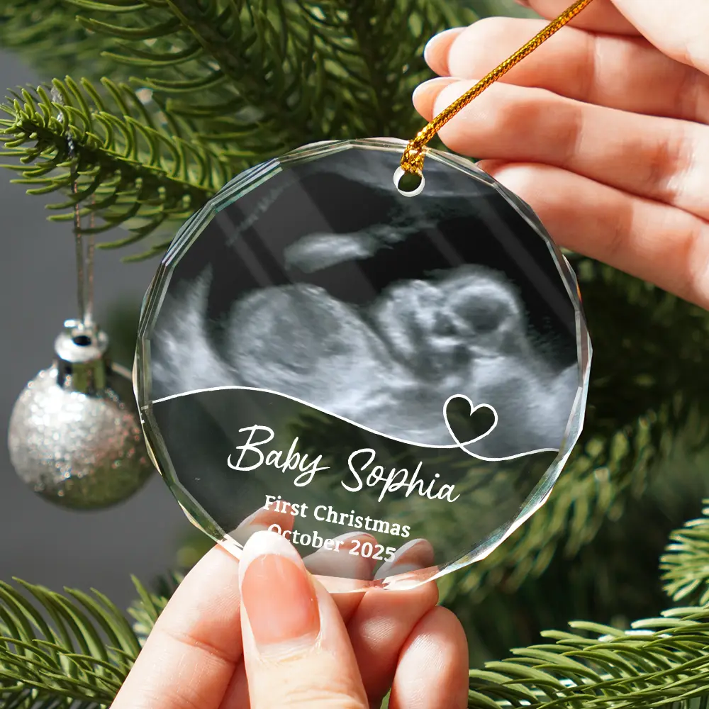 Custom Photo Arriving Baby First Christmas Ultrasound - Personalized Circle Glass Ornament - Image 2