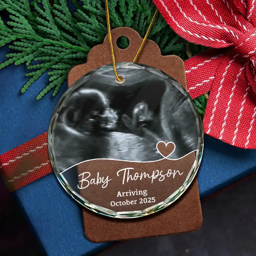 Custom Photo Arriving Baby First Christmas Ultrasound - Personalized Circle Glass Ornament - Image 5