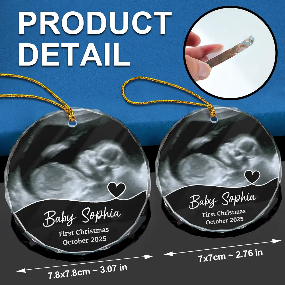 Custom Photo Arriving Baby First Christmas Ultrasound - Personalized Circle Glass Ornament - Image 6