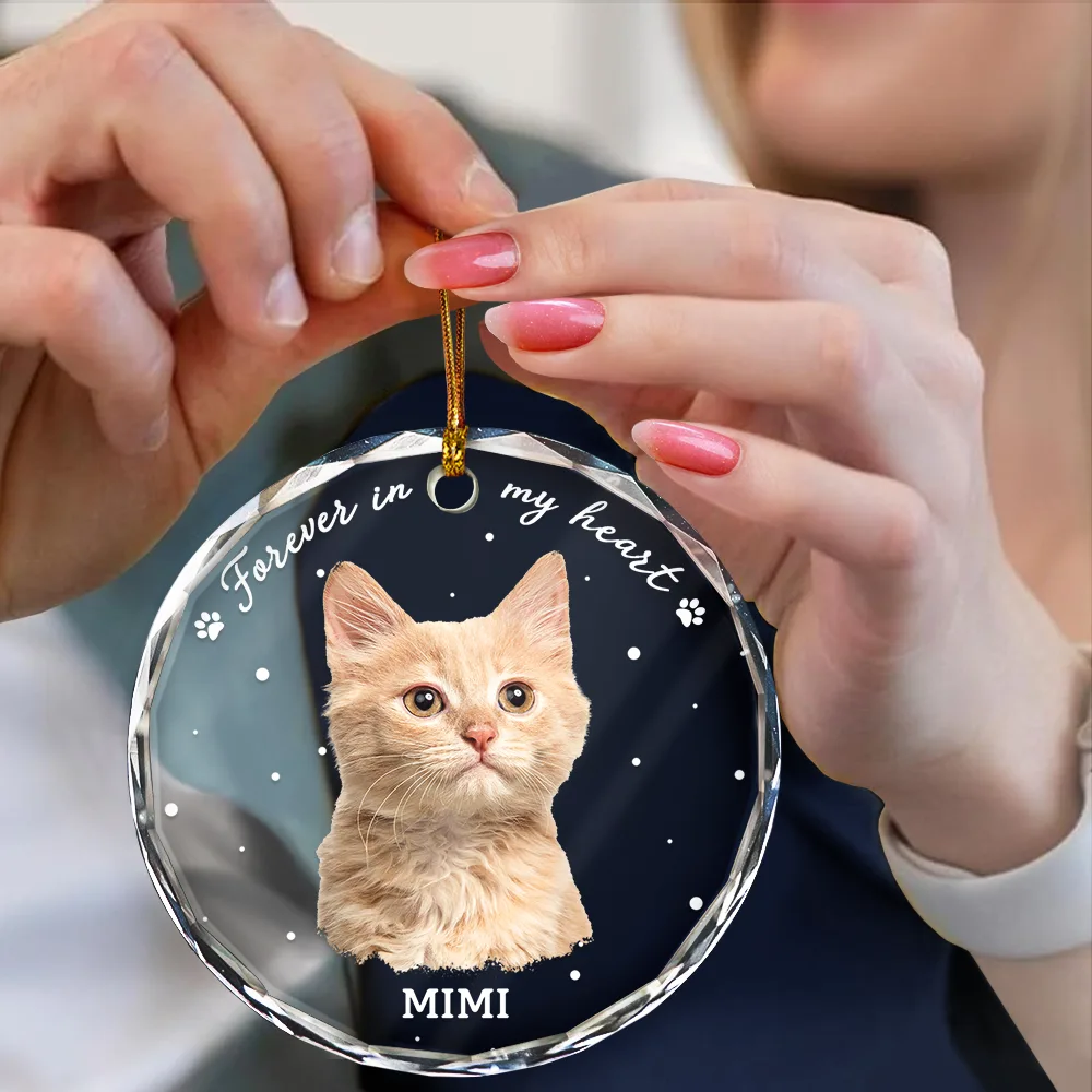 Custom Photo B&W Pet Loss Pet Memorial Forever Leaving Pawprints - Personalized Circle Glass Ornament - Image 5