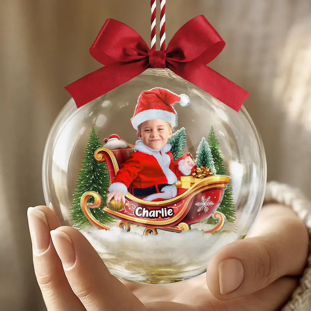 Custom Photo Baby And Kid In Sleigh - Personalized 3D Acrylic Ball Ornament - Image 5