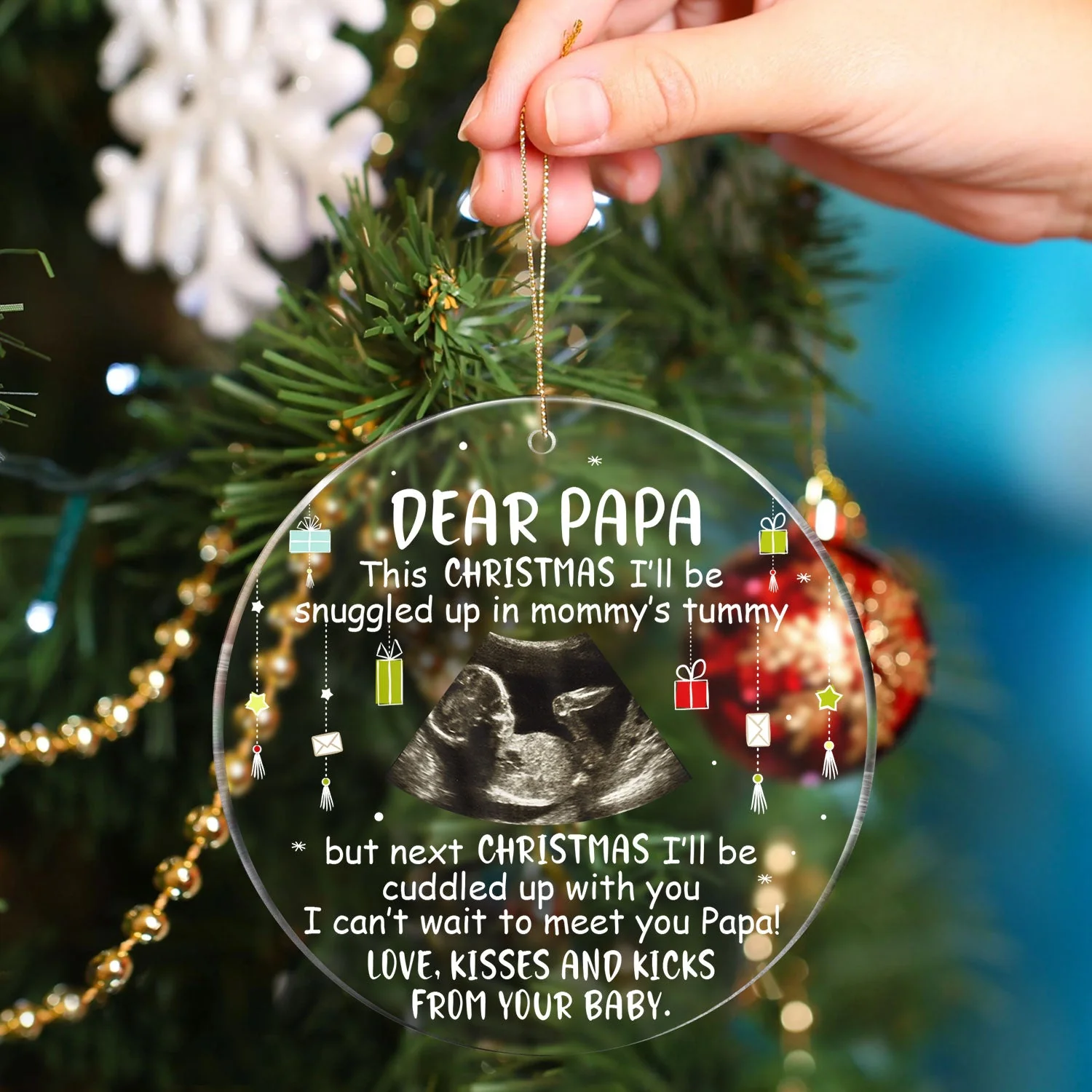 Custom Photo Baby Bump To Daddy, Mommy - Christmas Gift For Mom, Dad, New Parents - Personalized Circle Acrylic Ornament - Image 4