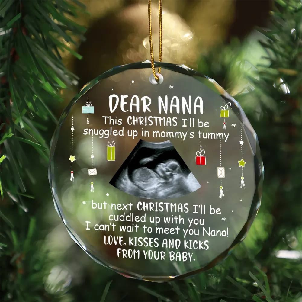 Custom Photo Baby Bump To Daddy, Mommy New Parents Christmas - Personalized Circle Glass Ornament - Image 3
