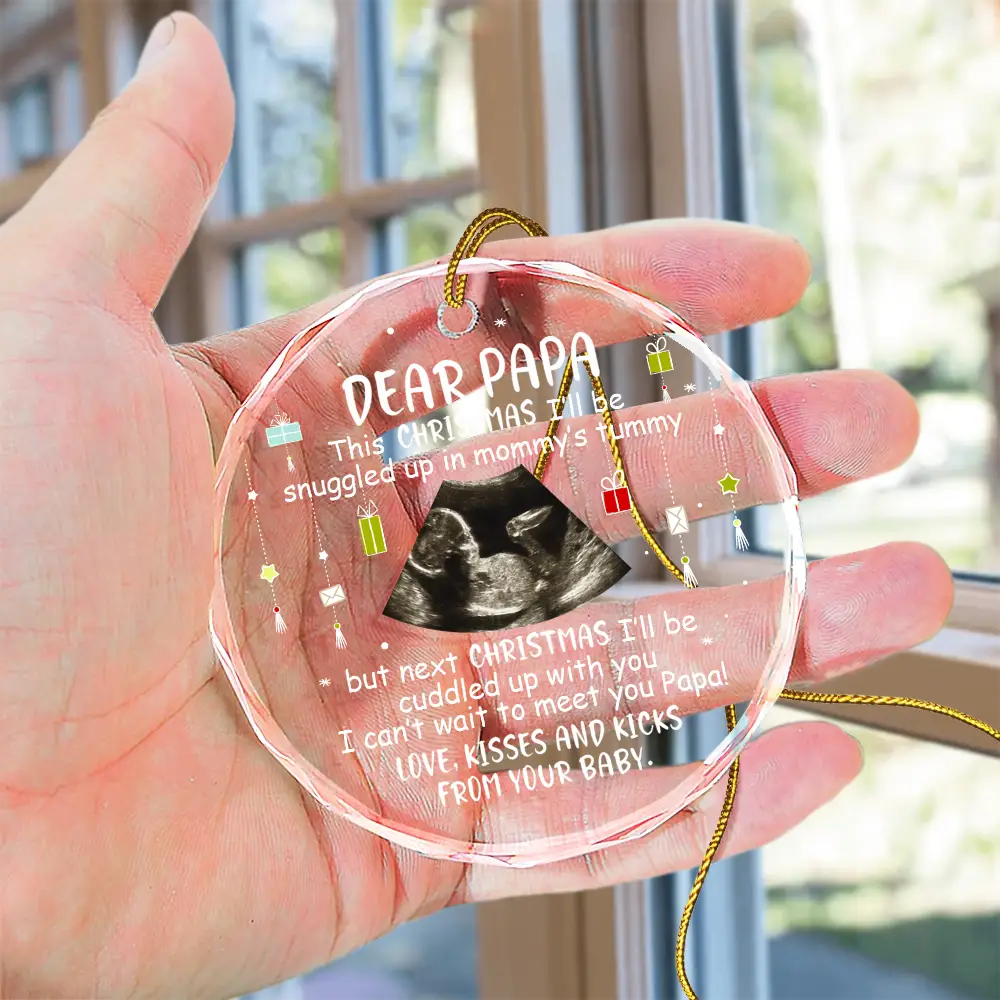 Custom Photo Baby Bump To Daddy, Mommy New Parents Christmas - Personalized Circle Glass Ornament - Image 4